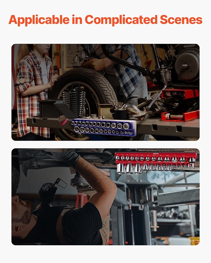 VEVOR Magnetic Socket Organizer Set, 6PCS Socket Holder, 1/4'', 3/8'' & 1/2'' Metric SAE Socket Trays with Clear Labels, Hold up to 143PCS Standard & Deep Sockets, Blue & Red (Sockets Not Included)