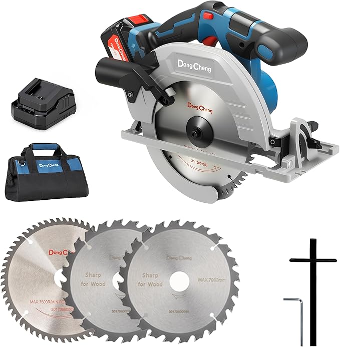 Dong Cheng Cordless Circular Saw 7-1/4-Inch 5,000 Rpm, Cutting Depth 65mm, 0-45° Adjustable, with Dust Collection Adaptor, 24T & 40T TCT Blade Included, Battery and Charger Kit (4.0Ah)