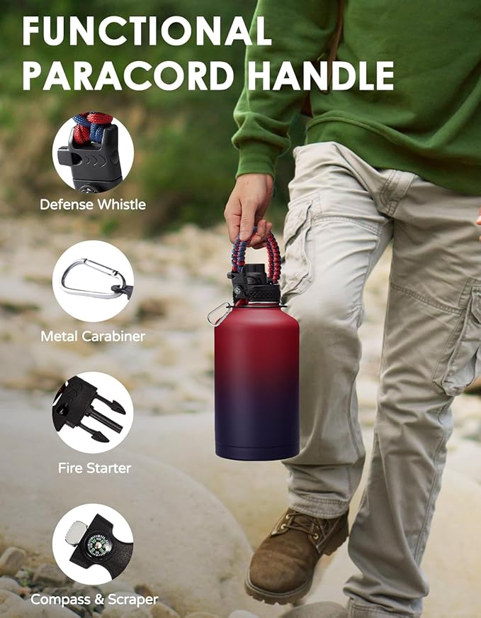 64 oz Insulated Water Bottle Hydrojug - Cold for 48Hrs Stainless Steel Vacuum Flask, Half Gallon Sports Water Bottle 64oz, 1/2 Gallon Water Bottle with Straw, Pop-up Spout Lid, Purple for Woman Girl