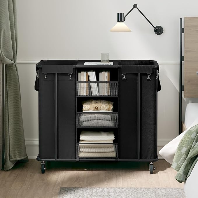WOWLIVE Laundry Sorter 2 Section 200L Rolling Laundry Hamper with Hanging and Removable Bags Laundry Cart with Steel Frame and Storage Unit Large Basket Organizer for Dorm Room, Bathroom (Black)