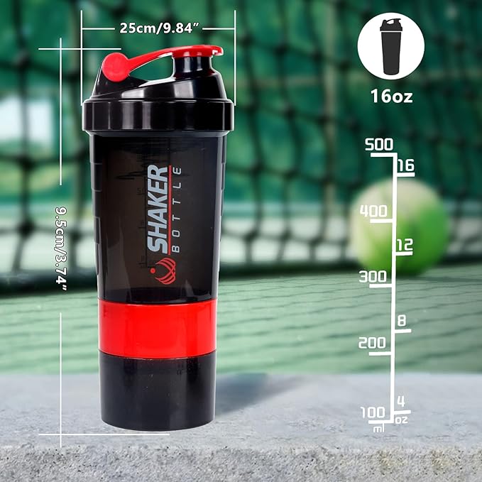 Shaker Bottle,16oz Protein Shaker Bottles with Mixing Ball, 3 in 1 Leak-proof GYM Shake Cup with Powder Storage & Pill Tray, Ideal for Workout,BPA Free（Red）