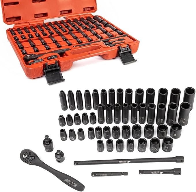 NEIKO 02437A 1/4 Drive Impact Socket Set 54 Piece Metric & Standard, Deep & Shallow Chrome Vanadium Steel 3/8” to 1/4” Reducer Hex Shank Adapter, Metric and Standard, Deep Socket Set