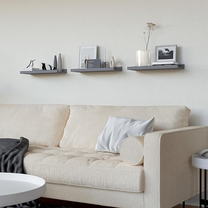 RICHER HOUSE 3 Set Floating Shelves for Wall, Black Wall Mounted Shelves with Lip for Storage, Display Picture Ledge Shelf for Bedroom Bathroom Kitchen Living Room Decor, Modern Grey