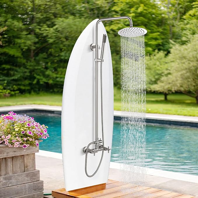 gotonovo Outdoor Shower Fixtures SUS304 Stainless Steel Rain Shower Kit Faucet High Pressure Wall Mount 2 Dual Function 8 Inch Showerhead and Handheld Spray Combo, Double Cross Handle, Brushed Nickel