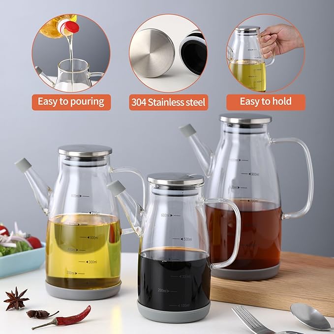 Large Glass Oil Dispenser Bottle for Kitchen Cooking Recipiente Para Aceite De Cocina Olive Oil Vinegar Dispenser Cruet Stainless Steel Lid No Drip Liquid Container (Clear, 34oz /1000ml)
