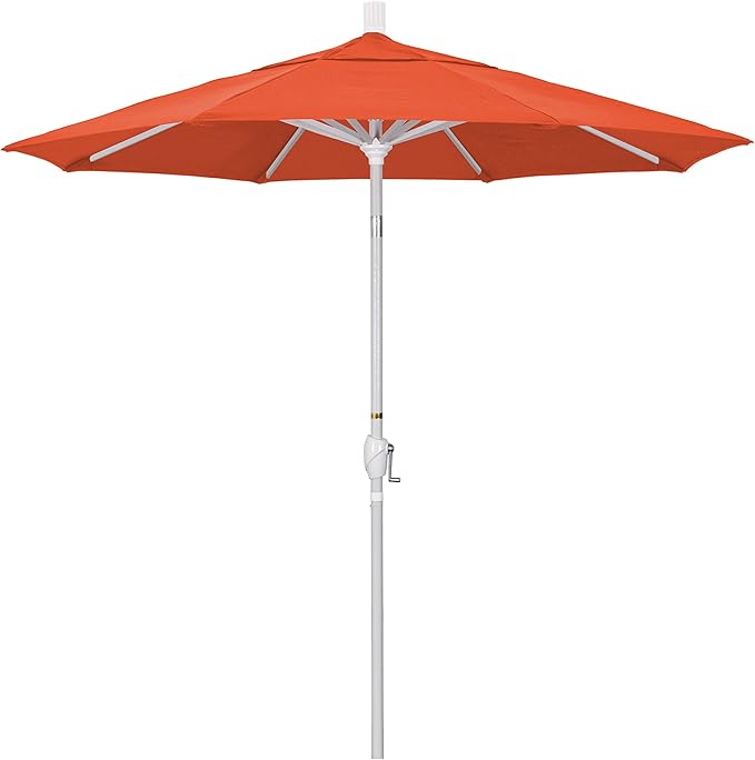 California Umbrella 7.5' Round Aluminum Market Umbrella, Crank Lift, Push Button Tilt, White Pole, Sunset Olefin