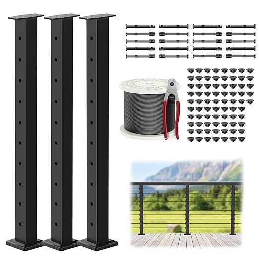 4-12ft Complete Set 36" Cable Railing Post Kits, Stainless Steel Black Level Drilled Line Posts(35"x2"x2")3 Pack, 1/8" Wire Rope with Cutter(No Handrail), Swageless Deck Cable Railing, MY07-LP