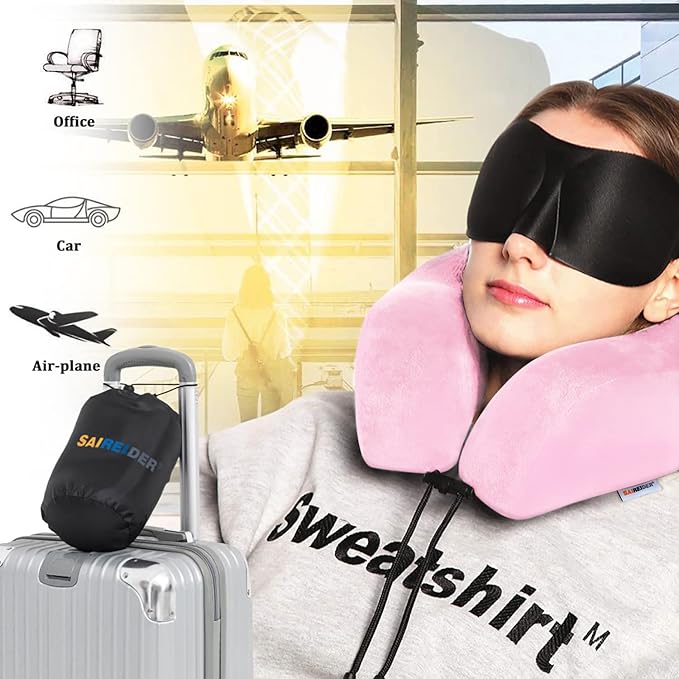 SAIREIDER Travel Neck Pillow 100% Memory Foam, Airplane Rest Prevents Head from Falling Forward, Plane Accessories with Storage Bag, Sleep Mask and Earplugs (Pink)