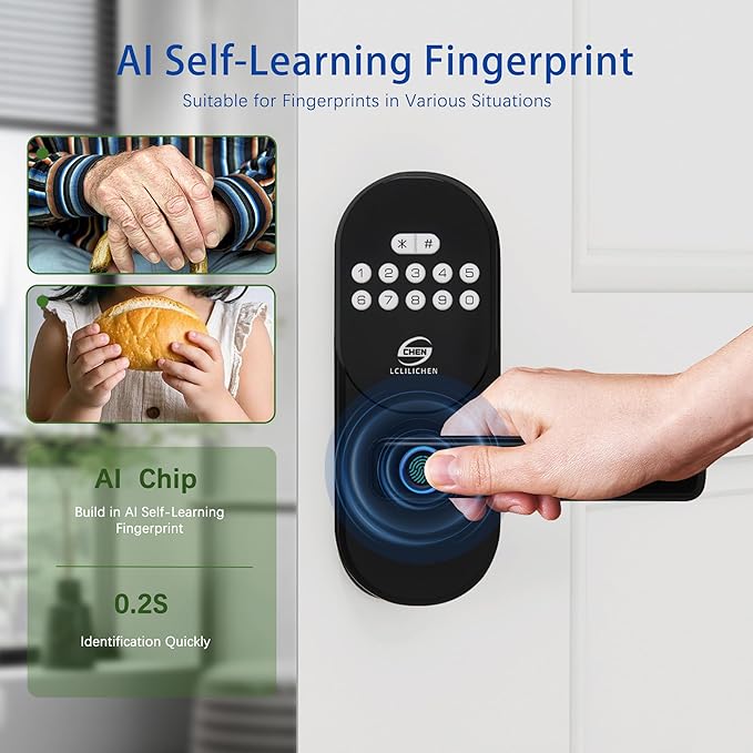 Smart Door Lock with Fingerprint and Keypad, Keyless Entry Deadbolt with Handle, APP Control and Auto Lock for Front Door, Easy Install for Home and Office, IP65 Weatherproof