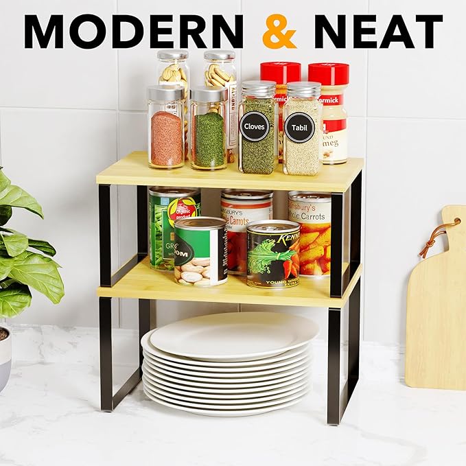 SpaceAid Cabinet Shelf Organizers 2 Pack, Kitchen Counter Rack Shelves Riser, Stackable Expandable Spice Rack, Pantry Cupboard Storage Organization (Black and Natural, Short)