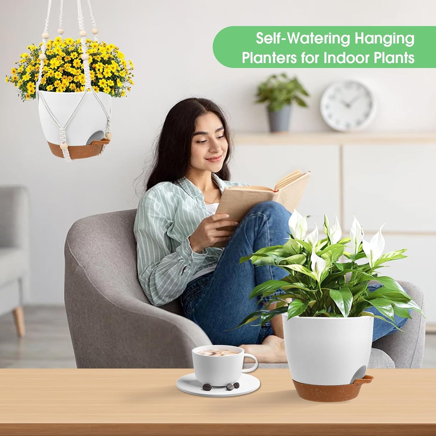 Hanging Planters for Indoor Outdoor Plants, 2 Pack Self Watering Hanging Pot with Drainage Holes, Removable Tray & 2 Kinds of Plant Hangers, 8'' Hanging Flower Pots for Home Garden Decor, White