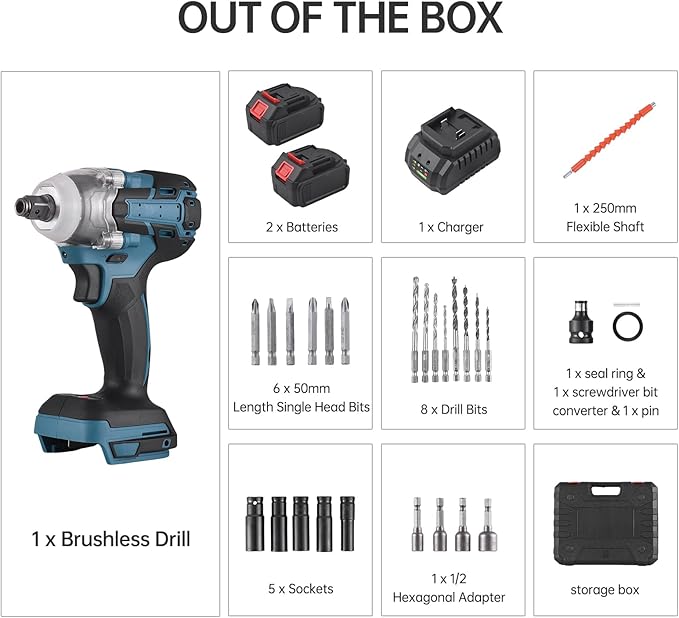 21V Cordless Impact Wrench, 406 Ft-lbs (550Nm) Brushless 1/2 inch, 3200 rpm High Torque Impact Gun, 2 x 3000mAh Battery, 5Pcs Driver Sockets, 14 Bits, Charger, Storage Box for Car Home