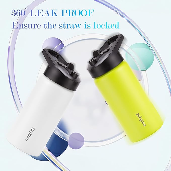 Kids Water Bottle with Straw 2 Pack, 16oz Water Bottles Bulk, Single Wall 18/8 Stainless Steel, Dishwasher Safe & Leakproof, Reusable Gift for Girls Boys to School Sports Travel Camping, White & Lemon