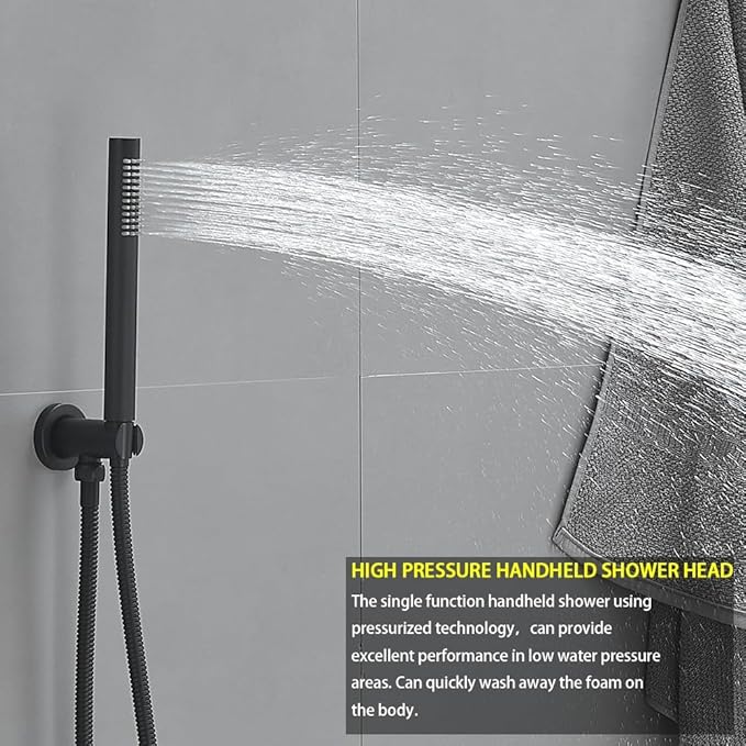 Matte Black Ceiling Mount Round Rain Shower System with 16 Inch Shower Head and Handheld Bathroom Shower Set Contain Shower Faucet Trim Kit (Mixer Valve Included)