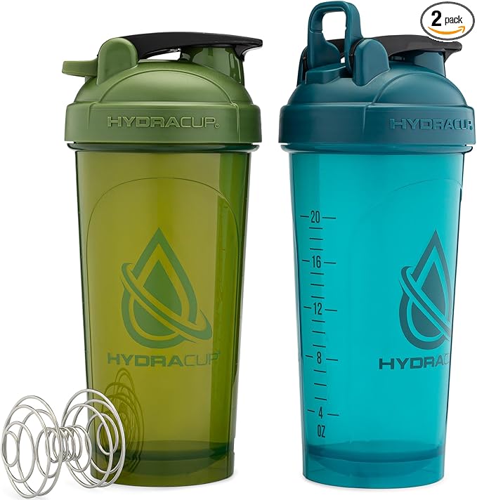 Hydra Cup ProFlow [2 Pack] 28 oz Shaker Bottles for Protein Shakes, Shaker Cups with Ball Blender Whisk, Shaker Bottle with Handle, Travel To Go, BPA Free (Teal,Green)