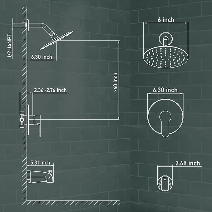 Tub Shower Faucet Set, Tub and Shower Trim Kit with 6 Inch High-Pressure Rian Shower Head,Shower Head and Handle Set, Brushed Nickel