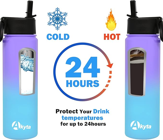 24 Oz Water Bottle, Sports Water Bottle with Straw Lid, Vacuum-Insulated Stainless-Steel, Double-walled Thermos Water Bottle for Hiking Biking (24 OZ, Purple Blue)