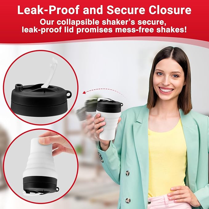 Protein Shaker Bottle Collapsible - Food-Grade, Leakproof Lid 600mL/20oz Shaker - Reusable Silicone Shaker Cups for Protein Shakes for Gym-goers & Travelers