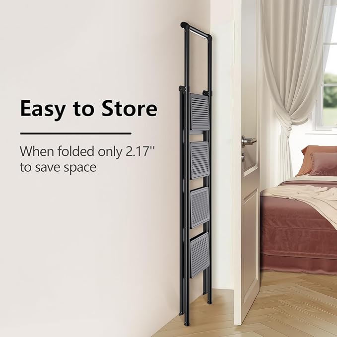 Step Ladder 4 Step Folding Stool with Anti-Slip Widened Sturdy Pedal and Handgrip, Portable and Multi-Use Iron Stepladder for Home, Kictchen, 300 lbs Capacity -Black