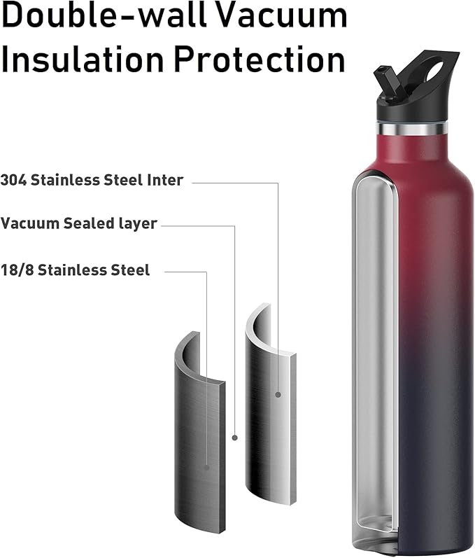 Stainless Steel Water Bottle with Straw - Insulated Water Bottle for Sports, Gym, School, Commute, Adults/Kids - Keep Cold for up to 24 Hours - Sweat/Leak-proof - 2 Lids - BPA Free