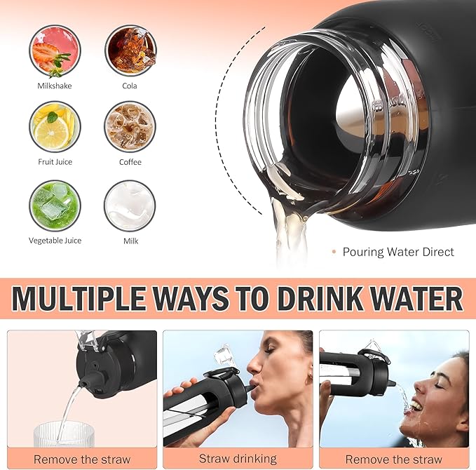 Kodrine Water Bottle With Straw and Carry Handle, Glass Water Bottle 24 oz Leak Proof Locking Lid with Soft Silicone Spout, Small Clear Water Bottle, Travel Sports Water Jug, Time Marker, Black