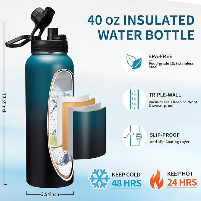 40OZ Vacuum Insulated Water Bottle - Keep Cold 48H Hot 24H, Combo Straw & Spout Lids, Survival Paracord Handle, Bottle Carrier Bag w/ Strap, Protective Cup Mat, Stainless Steel Waterbottle Flask Jug