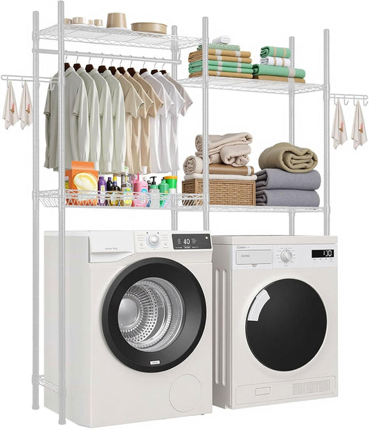 VEVOR Over The Washer and Dryer Storage Shelf, 4 Tier Laundry Room Drying Rack with Hanger Rod and Hooks, Adjustable Over Washer and Dryer Shelves, Laundry Room Shelf Storage Space Saver, White