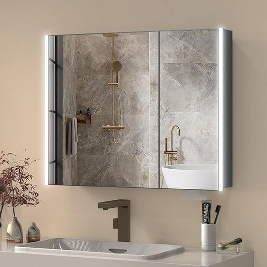 36x28 Medicine Cabinet with Light, AL Alloy Frame, Full-Assembled Bathroom Mirror Cabinet with Brightness Adjustable and Storage, Led Medicine Cabinet Mirrored with Recessed or Wall Mount, Black