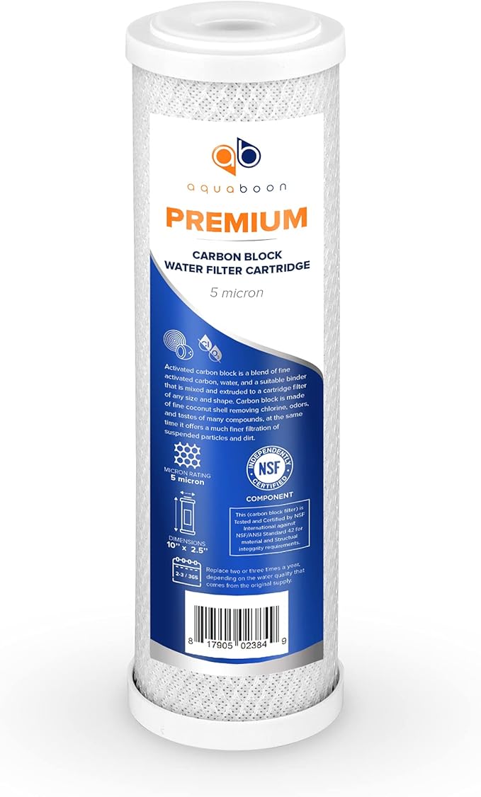 Aquaboon 5 Micron Water Filter 10 x 2.5 - Premium Carbon Block Water Filter - Carbon Water Filter Cartridges - Whole House Water Filter Cartridge Replacement Compatible with FXWTC, WFPFC8002, 25 Pack
