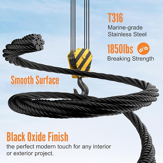 BLIKA 250FT 1/8" Black Stainless Steel Cable with Cutter, T316 Marine Grade, Stainless Steel Wire Rope 7x7 Strand Construction, 1850lbs Breaking Strength Aircraft Cable for Deck Railing