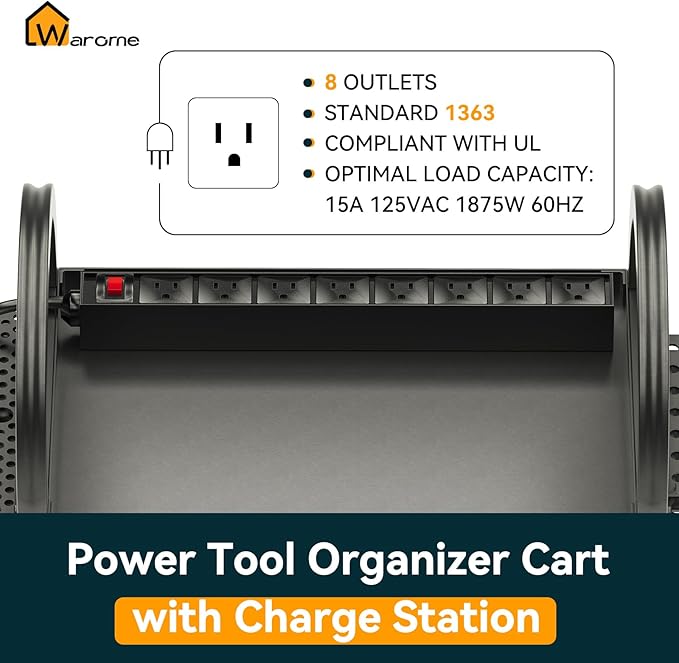 Warome Power Tool Organizer Cart with 8 Movable Charging Station, 4-tire Rolling Utility Cart for 8 Electrical Drills Holders, Storage Cart on Wheels for Garage Storage in Black, Gifts for Man