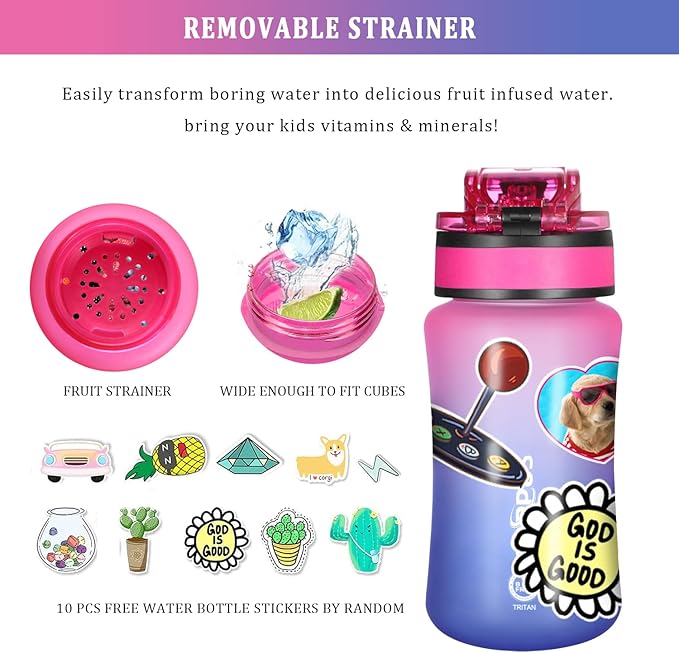 GOPPUS Kids Water Bottle with Straw Spout Lid 10pcs Stickers 12 oz Leak-proof BPA Free Motivational Time Marker Tritan Plastic Water Bottles for Girls Boys School Sports