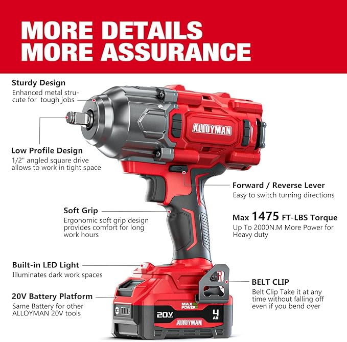 Alloyman Cordless Impact Wrench, 1475Ft-lbs (2000N.m) 1/2 High Torque Brushless Impact Gun, 20V Power Impact Driver, 2*4000mAh Battery,3 Sockets, Brushless Motor Variable Speeds for Car/Truck RV/Mower