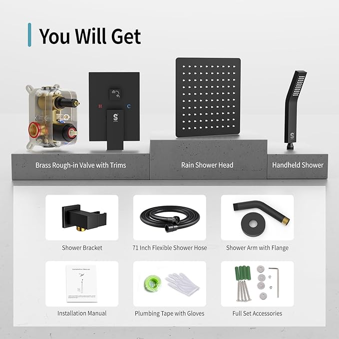 SR SUN RISE Shower Faucet - 8 Inch Shower System with Rain Shower Head and Handheld Spray - Shower Faucet Trim Repair Kits with Diverter Valve - All Metal Shower Set - Matte Black