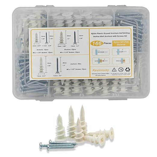3 Sizes Self Drilling Drywall Anchors, 166PCS Nylon Plastic Wall Anchors and Screws for Drywall, No Pre Drill Hole Preparation Required,13x32mm,15x33mm,13x42mm