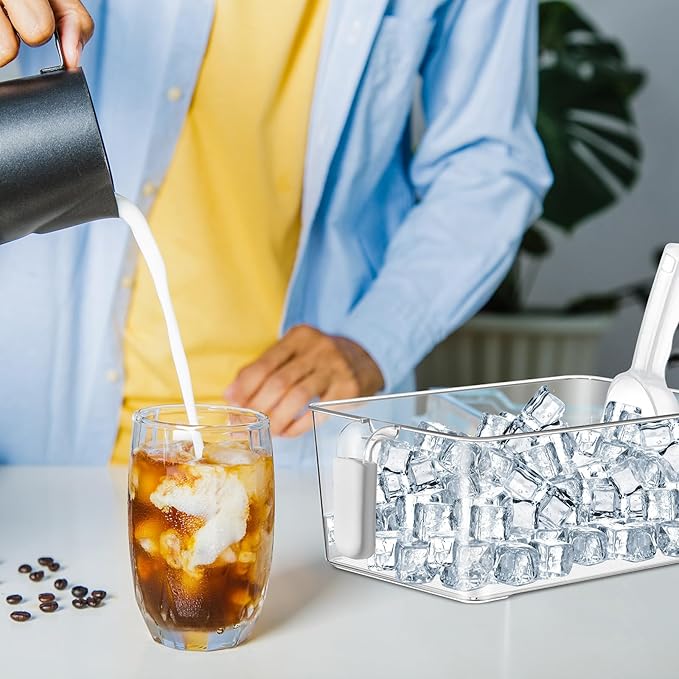 Havawish 2 Set Ice Bin and Flexible Scoop Set Plastic Freezer Ice Bin with Pull out Handle Clear Ice Storage Ice Bucket for Freezer Ice Container with Ice Bucket Scoop Kitchen (10.83 x 7 x 4.33 in)