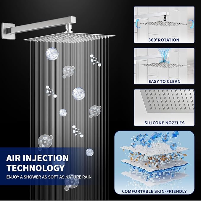 BWE 12 Inch Square Shower Head System 2-Functions Bathroom Luxury Rain Mixer Shower Combo Set Wall Mounted Rainfall Brushed Nickel Shower Faucet Rough-in Valve Body and Trim Included