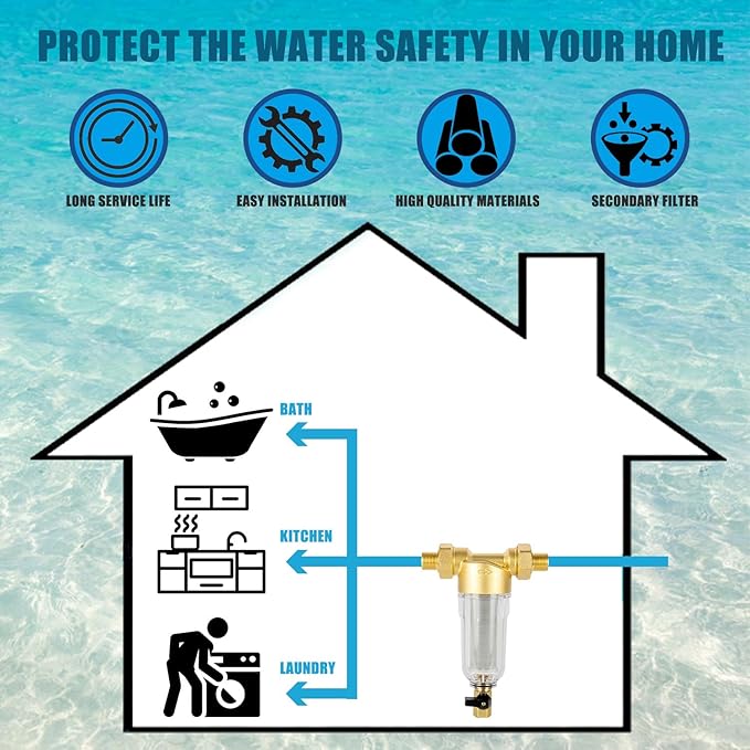 WHC40 Sediment Filter，40 & 100 & 200 Micron Spin Down Water Sediment Filter，Reusable Whole House Sediment Water Filter, Pre-Filtration System for Well Water 1" MNPT + 3/4" FNPT + 3/4"MNPT
