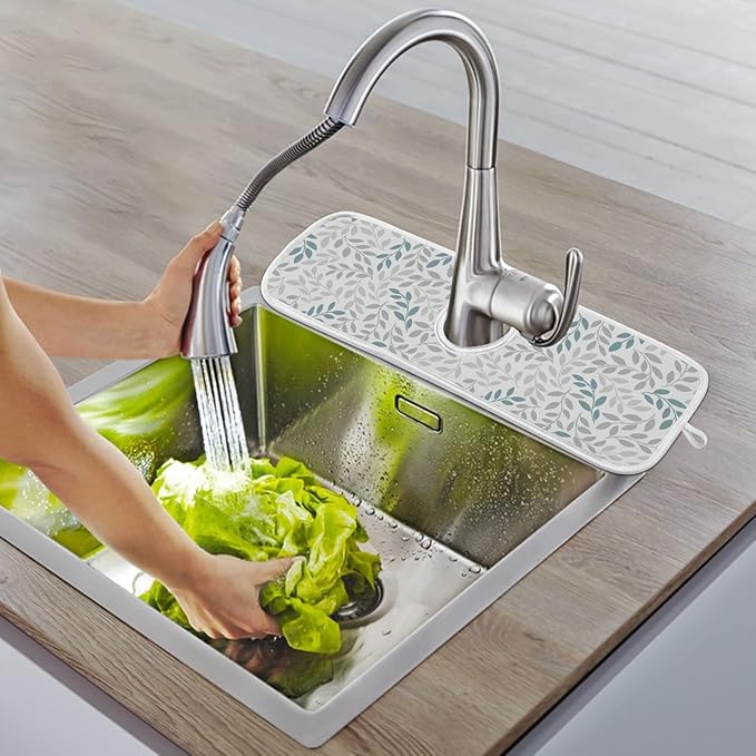 Gray and Blue Leaves Branches Faucet Water Catcher Mat 2 Pack Botanical Herbs Flowers Drying Mat Absorbent Bathroom Faucet Handle Drip Catcher Tray Bar RV Kitchen Sink Splash Guard 30x5 Inches