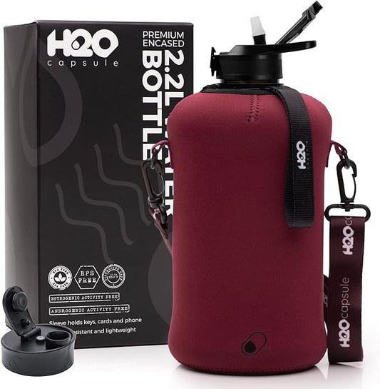 H2O Capsule 2.2L Half Gallon Water Bottle with Storage Sleeve and Covered Straw Lid – BPA Free Large Reusable Drink Container with Handle - Big Sports Jug, 2.2 Liter (74 Ounce)