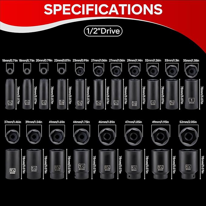 19 PCS 1/2" SAE Impact Socket Set,Deep Sockets (3/8 to 1-1/2inch) Assortment,6 Point Cr-MO & Alloy Steel,Enhanced Storage Case,Suitable for Auto Repair