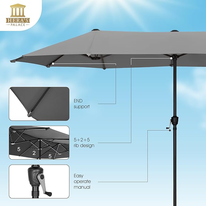 HERA'S PALACE 13 ft Large Double-Sided Twin Patio Umbrella, Outdoor Market Umbrella with Crank Handle, Powerful UV Protective, Smoky Gray