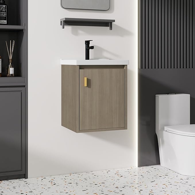 16'' Bathroom Vanity with Ceramic Sink Combo, Wall Mounted Small Bathroom Vanity with Soft-Close Door Modern Floating Cabinet, Pop-up Drain, P-Trap Included, BrownWalnut(No Faucet)