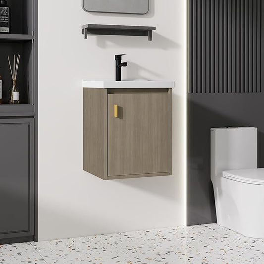 16'' Bathroom Vanity with Ceramic Sink Combo, Wall Mounted Small Bathroom Vanity with Soft-Close Door Modern Floating Cabinet, Pop-up Drain, P-Trap Included, BrownWalnut(No Faucet)