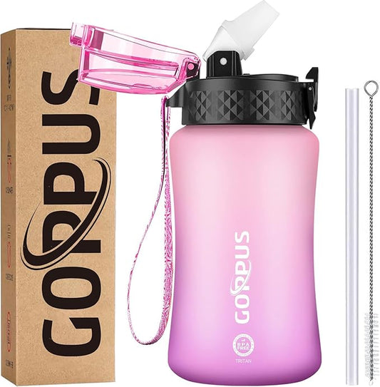GOPPUS Kids Water Bottle with Straw Spout Lid 10pcs Stickers 12 oz Leak-proof BPA Free Motivational Time Marker Tritan Plastic Water Bottles for Girls Boys School Sports