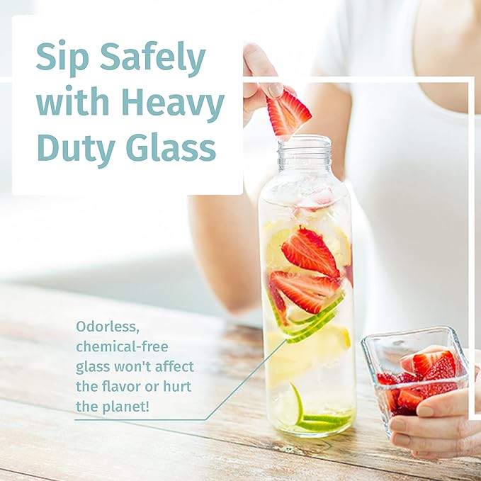 Glass Water Bottles 6 Pack With Sleeves and Stainless Steel Lids - 18oz Size - Leak Proof Caps, Reusable and Perfect For Travel and Storing Beverages Juice, Smoothies, Kombucha, Kefir, Tea