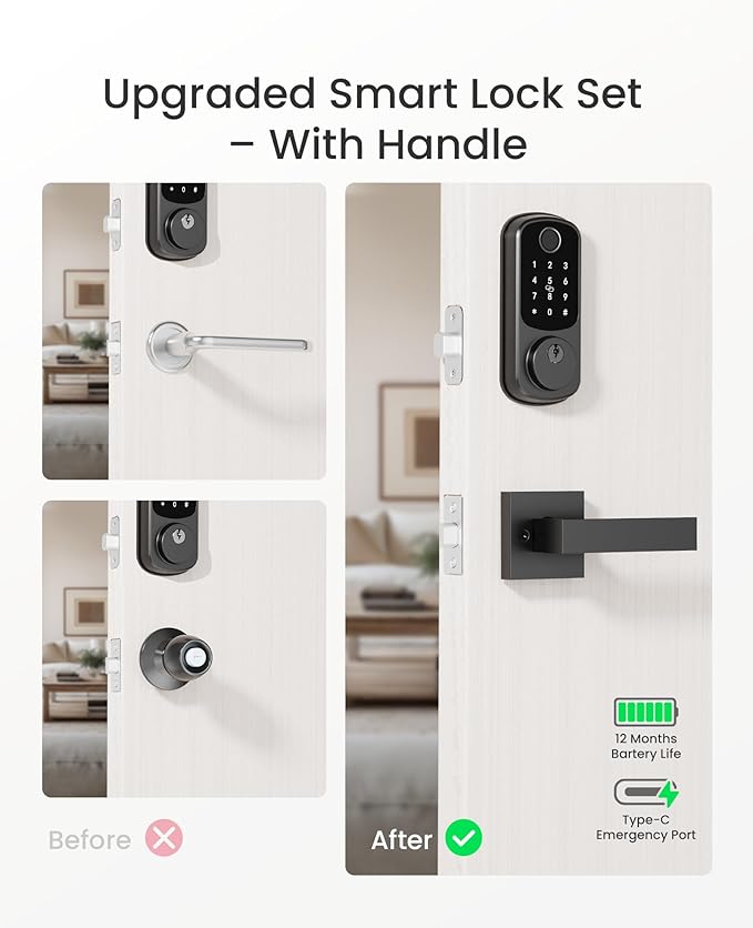 DESLOC B200 Fingerprint Smart Lock with 2 Lever Handles, Keyless Entry Front Door Lock Set, Electronic Keypad Deadbolt, App Control, Auto Lock, Long Battery Life, Secure Home Access