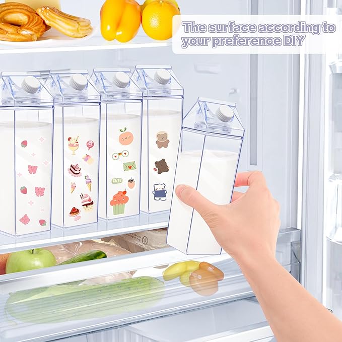 KALYLOC 8Pcs Milk Carton Water Bottle, 34Oz Clear Plastic Square Milk Bottles, Portable Reusable Milk Box Juice Water Container for Travelling Sports Camping Outdoor Activities (Clean 8pcs)