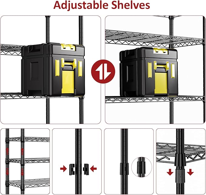IZEUK 5 Tier Black Metal Storage Shelves, Heavy Duty Wire Shelving Rack for Garage, Kitchen, Bathroom, or Laundry Organization, 1250 lbs Capacity, 13.8" D x 35.4" W x 68.5" H