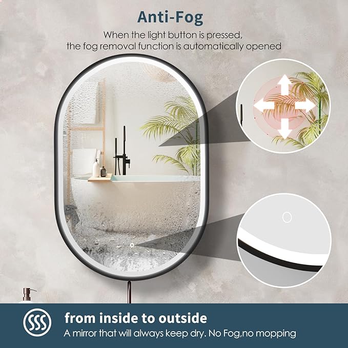 Movo 21x 31 Inch Led Oval Medicine Cabinet, Anti-Fog Bathroom Medicine Cabinet with Light, 3 Color Wall Mounted Storage Cabinet Mirror, Smart Touch Switch